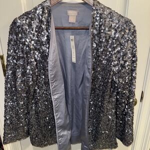 Chicos Travelers Jacket Cardigan Womens Size 4/6 Gray Silver‎ Open Front Sequins